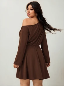 Enliva Plus-Size Women's Commuter Asymmetrical Neckline Fitted Waist DressApple,Rounded Body Elegant Short Dresses - Brown - View 2