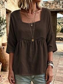 EMERY ROSE Kemeja Kasual Wanita Ukuran Besar Berkerah Bulat untuk Liburan Musim Gugur - Coffee Brown - View 3
