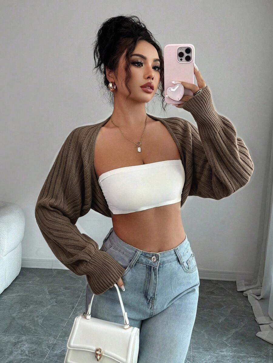 SHEIN Raffinéa 女款純色長袖休閒開襟衫 - 巧克力棕 - 查看 1