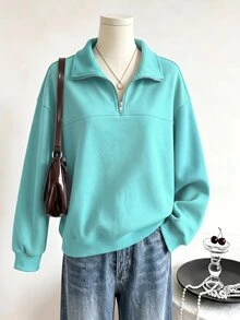 SHEIN 青少年女孩抓絨秋季服飾 休閒極簡拉鍊式落肩衛衣 秋冬保暖舒適日常穿搭長袖上衣 - 綠色 - 查看 4