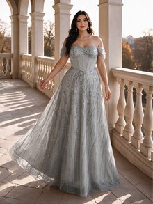 Coutiva Plus Size Women's Rhinestone & Sequin Design Off-Shoulder Elegant Formal Evening Gown (Heavy Embellished Style) - Grey - View 1