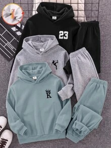 SHEIN 3件組兒童青少年男孩休閒百搭款黑色灰色藍色多色連帽套頭運動衫，適合通勤上學日常休閒戶外運動秋冬穿著 - 彩色 - 查看 7