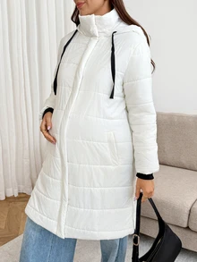 SHEIN Maternity Long Sleeve Colorblock Button & Zipper Design Hooded 3-In-1 Jacket Fall - Black and White - View 2