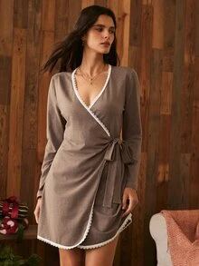 Lullawish Women's Casual Long Sleeve V-Neck Lace Patchwork Twist Knot Robe - Coffee Brown - View 5