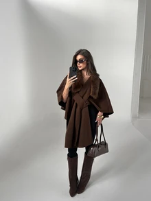 Aloruh Women's Elegant Fashionable Cape Style Dark Coffee Overcoat - Brown - View 6