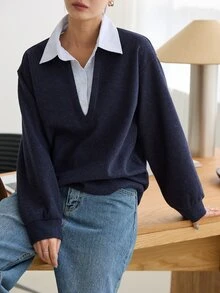 Dazy-Less Women's Navy Blue Hooded Drawstring Long Sleeve Loose Solid Color Front Pocket Casual Pullover Sweatshirt, Autumn/Winter - Navy Blue - View 6