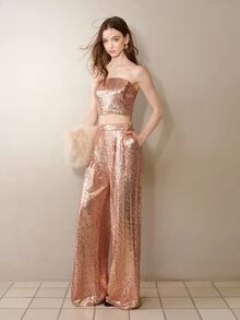 MOTF PREMIUM WOMEN'S FASHION SEQUIN PARTY TUBE TOP & PANTS SET - Champagne - View 7