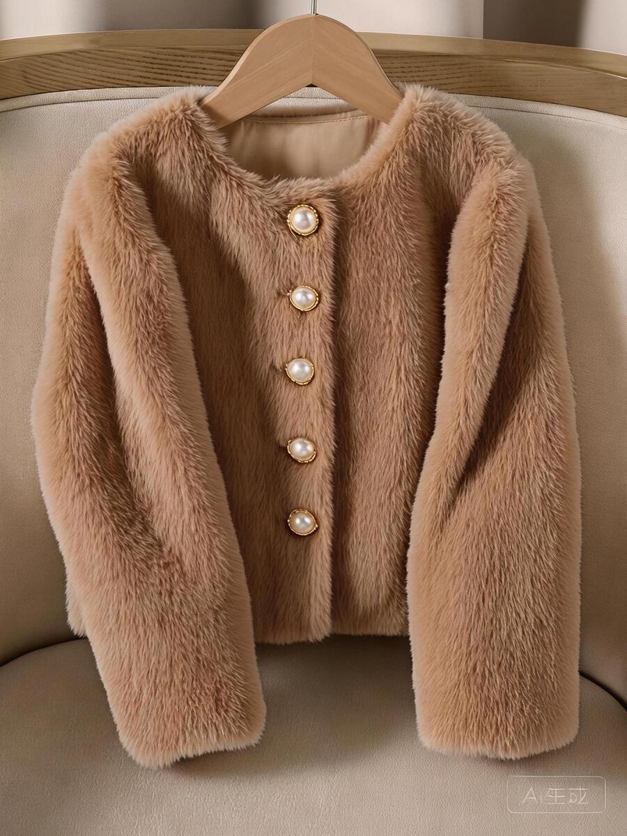 SHEIN Elladie kids 女童優雅人造毛珍珠鈕扣裝飾大衣 秋冬款 - 卡其色 - 查看 1