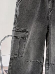 SHEIN 青少年男孩時尚休閒口袋設計黑色寬鬆工裝牛仔褲，青少年男孩服飾，電音派對穿搭 - 黑色 - 查看 4