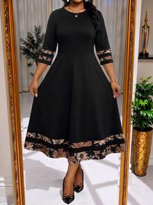 SHEIN Lady CURVE Plus Size Elegant Traditional Commuter Maple Leaf Pattern Patchwork Dress - Suitable For Teacher's Day, Formal Office And Cocktail Party (Black Summer Style) - Black - View 6
