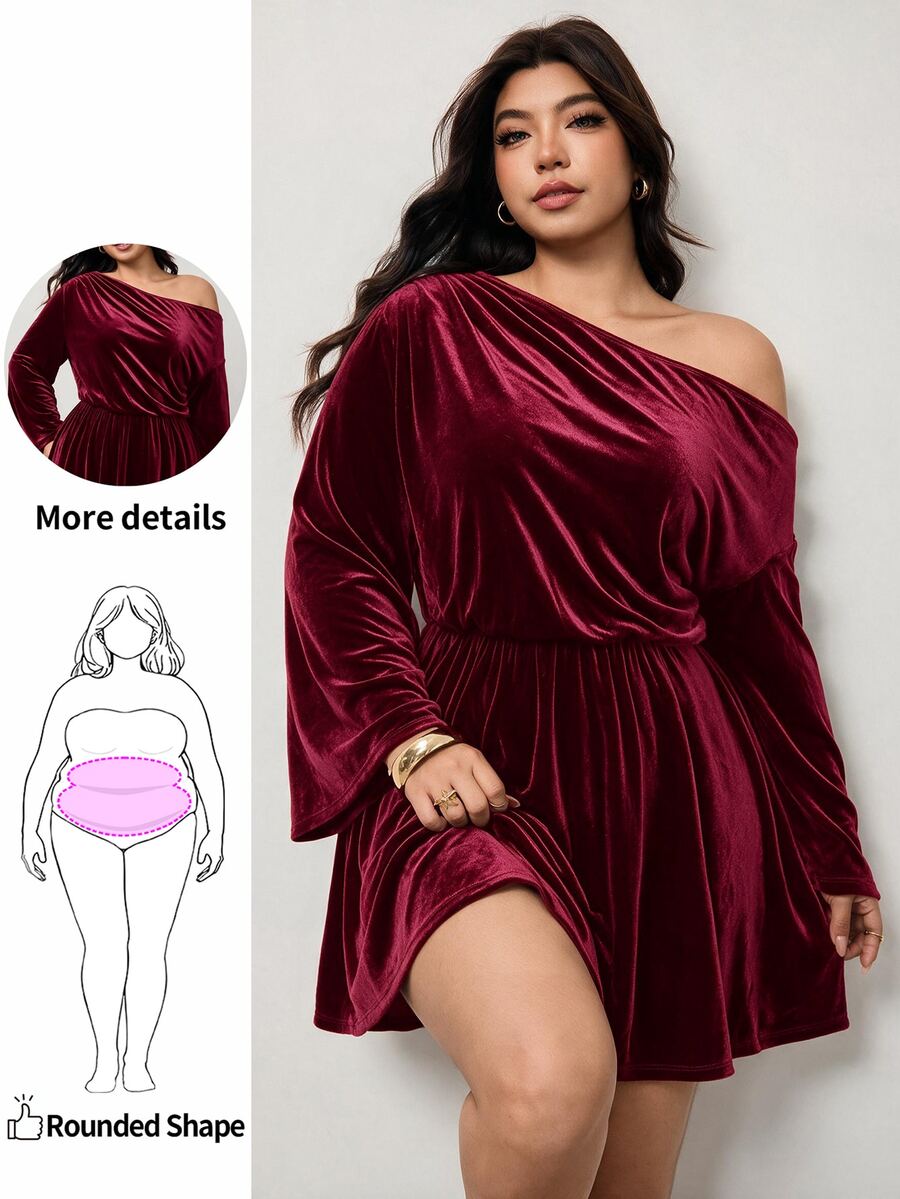 Enliva Plus-Size Women's Party Burgundy Off-Shoulder Neck Dress Apple,Rounded Body - Burgundy - View 1