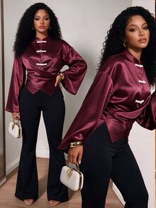 BamGleam Women's Front Button Wrist Cuff Lightweight Jacket Party Dinner Fancy Dark Red Fall Celestial Elegant Vintage - Burgundy - View 1