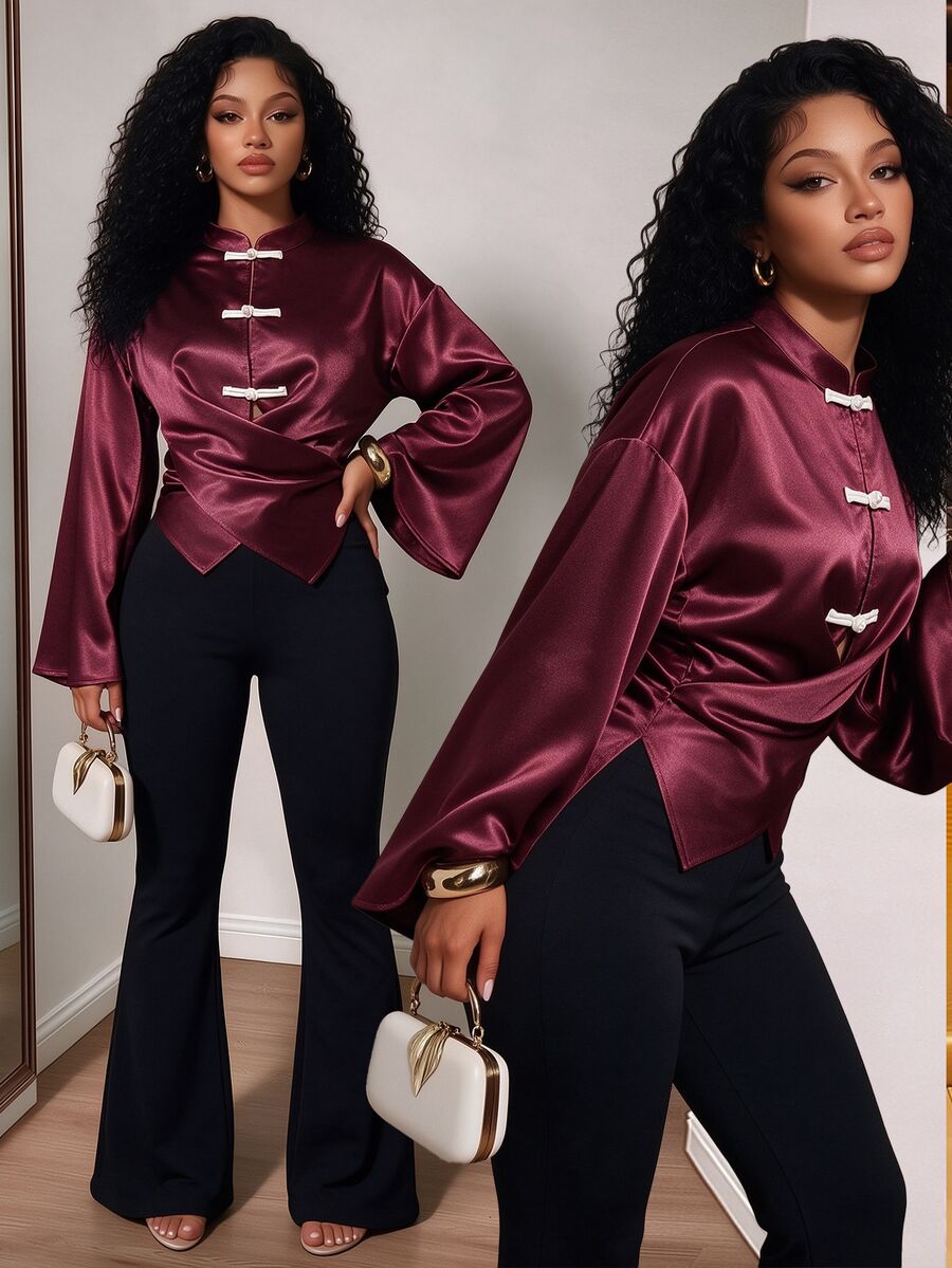 BamGleam Women's Front Button Wrist Cuff Lightweight Jacket Party Dinner Fancy Dark Red Fall Celestial Elegant Vintage - Burgundy - View 1