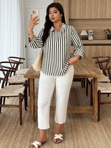 Weeklong Plus Size Women's Striped Colorblock Casual Versatile Daily Wear Shirt - Multicolor - View 4