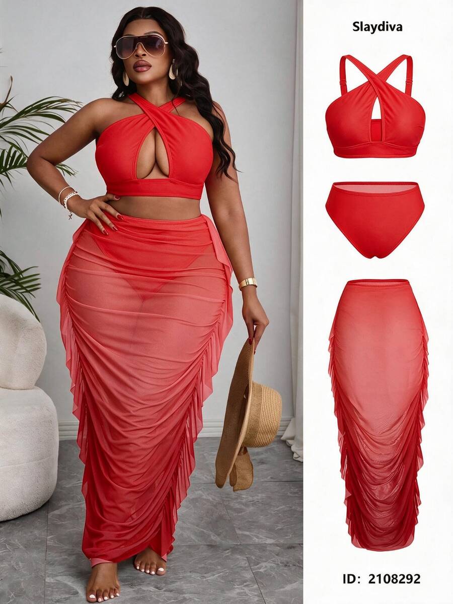 Slaydiva طقم ملابس سباحة بيكيني نسائي مقاس كبير للصيف والشاطئ، لون سادة، بقطعتين: توب هالتر مثير وسروال مثلث، مع تنورة - الأحمر - مشاهدة 1