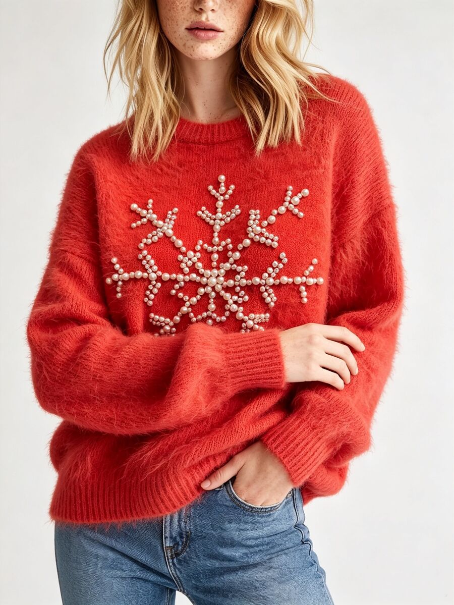 SHEIN Christmas Red Snowflake Beaded Plush Sweater Women Round Neck Loose Slouchy Pullover Top - Red - View 1