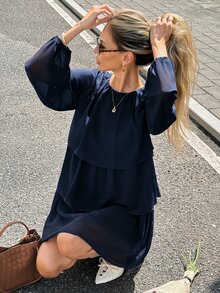 Serisse Women's Elegant Pleated Multi-Layer Ruched Long-Sleeved Dress For Autumn, Party Casual , Fall - Navy Blue - View 9
