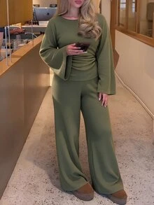 Easura Plus Size Women's Solid Color Pleated Long Sleeve Top And Pants Casual Daily Set - Army Green - View 1