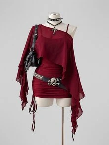 Sunspun Plus Size Spring/Summer Sheer Top & Fitted Drawstring Camisole Dress 2 Pieces Set Fall - Burgundy - View 7