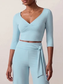 Zivah Women's Solid Color Long Sleeve Top And Pants Casual Daily Sports Set - Blue - View 4