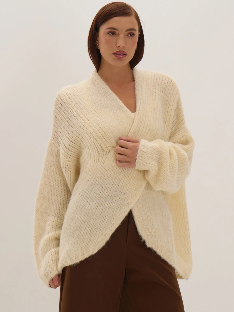 MUSEYN Cream Knit Wrap Detail Oversized Sweater Cosy Versatile Everyday Casual New Season Fall - Cream - View 1