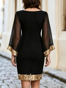 Velvienne Women's Solid Color Patchwork Beaded Design Casual Elegant Versatile Daily Elegant Commute Dress - Black - View 2