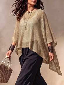 Linhara CURVE Plus Size Women's Spring/Summer/Autumn Asymmetrical High-Low Round Neck Cape Top, Atmosphere-Enhancing Shawl Outerwear, Suitable For Daily Commute, Outings, Dates, Parties And More - Khaki - View 3