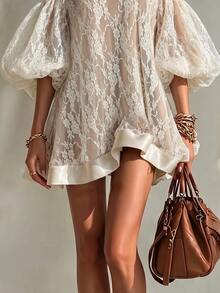 SHEIN Off-White Asymmetrical Shoulder Lace Loose Short Dress - Beige - View 3