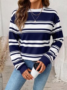 SHEIN LUNE 女款拼色休閒百搭日常長袖運動衫 - 白色 - 查看 3