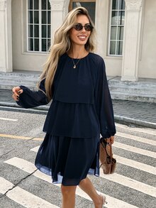 Serisse Women's Elegant Pleated Multi-Layer Ruched Long-Sleeved Dress For Autumn, Party Casual , Fall - Navy Blue - View 7