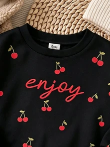 女嬰休閒加厚保暖復古可愛迷你櫻桃印花寬鬆圓領套頭運動衫與柔軟休閒內搭褲2件套，適合秋冬日常、秋季氛圍、冬季時尚、聖誕節、萬聖節、戶外、野餐 - 彩色 - 查看 4