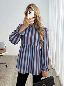 Easowa 女款休閒對比色條紋印花秋冬日常基礎襯衫 - 彩色 - 查看 3