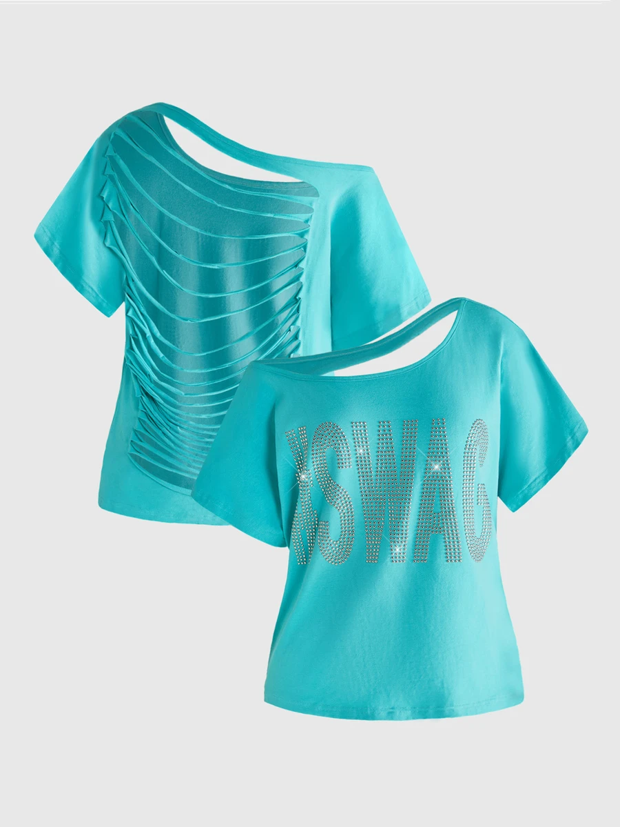 ROMWE Y2K Punk Cross Studded Design Back Burnout Hollow Out Loose Fit T-Shirt Solid Color Versatile - Mint Green - View 1