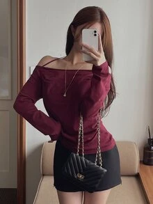 DAZY Solid Color Fitted Pleated Halter Neck Straight Neckline Elegant Vacation Korean Style Autumn/Winter Women's Sweater - Burgundy - View 8