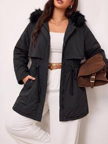 Enliva Plus Size Women's Faux Fur Hooded Water-Resistant Padded Coat Drawstring Waist Mid Length Warm Outerwear Flattering Compatible With Apple Shape Rounded Body - Black - View 7