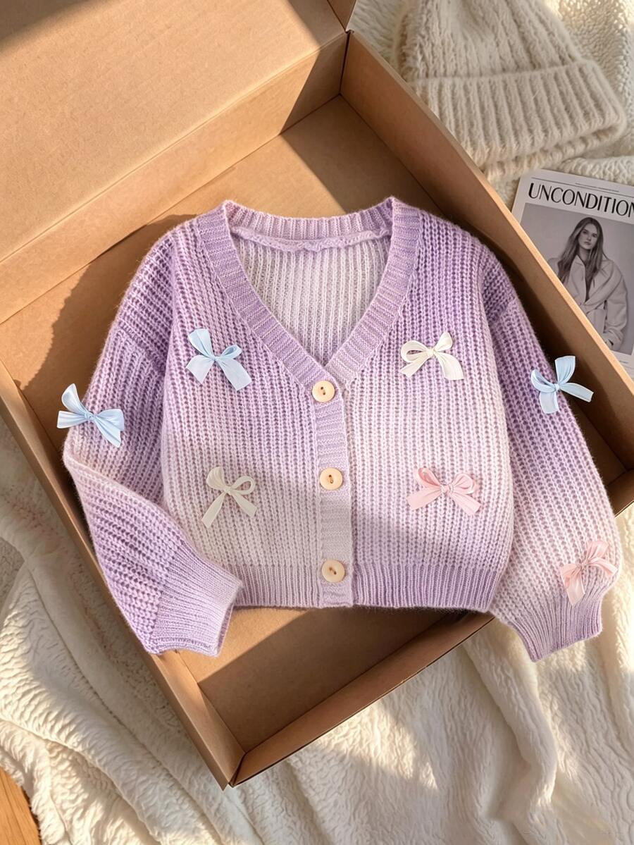 SHEIN Playful Pals Young Girl Bow Decor Cardigan Gradient Color Suitable For Autumn/Winter - Purple - View 1