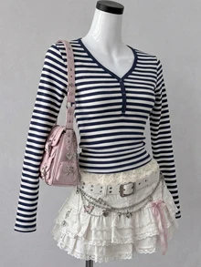 DAZY Women's Striped V-Neck Contrast Lace Hem Casual T-Shirt - Navy Blue - View 1