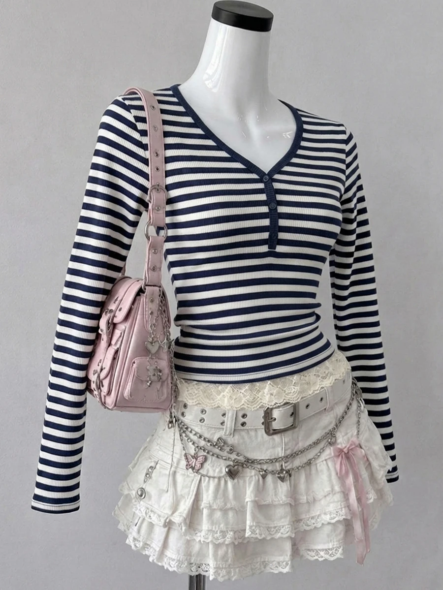 DAZY Women's Striped V-Neck Contrast Lace Hem Casual T-Shirt - Navy Blue - View 1