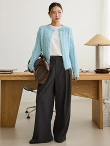 Dazy-Less Women's Blue Round Neck Button Cable Knit Long Sleeve Slim Fit Ribbed Cardigan, Autumn/Winter - Blue - View 3