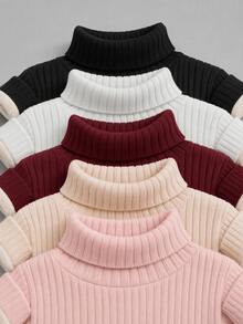 SHEIN 女童隨機 2 件組 羅紋針織高領毛衣 冬季返校長袖套頭上衣 - 彩色 - 查看 5