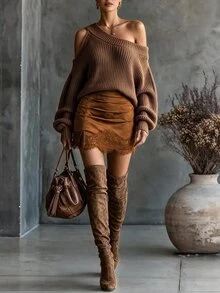 SHEIN Franclia 女款蕾絲拼接時尚百搭日常穿著裙 - 棕色 - 查看 6