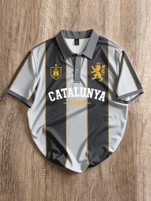 OldRiff 男士百搭條紋字母印花短袖 Polo 衫 - 灰色 - 查看 5