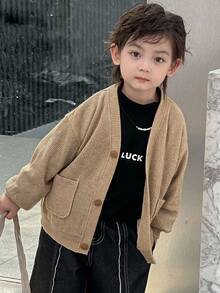 Dazy Kids 兒童秋季男童小號寬鬆休閒V領針織開襟外套，紋理面料 - 棕色 - 查看 2