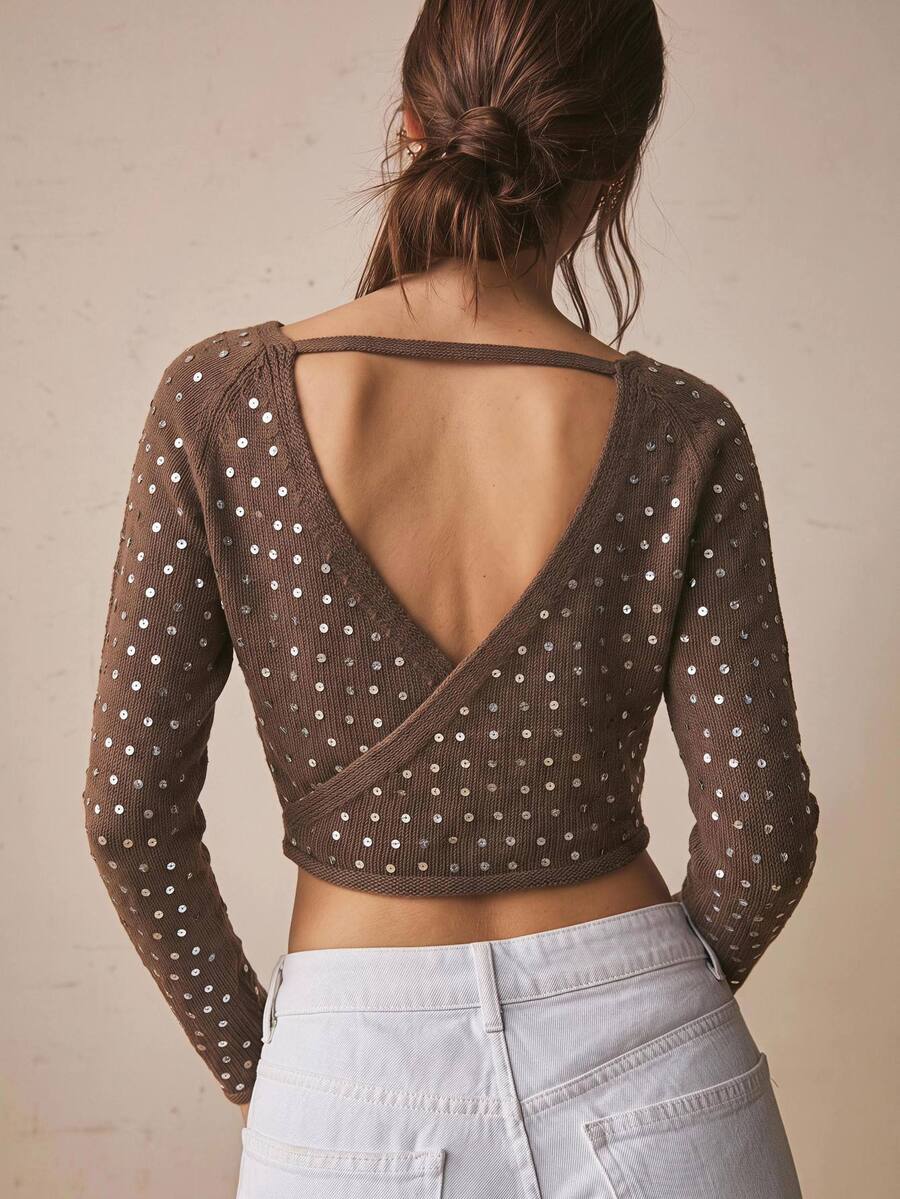 Freevana Women's Sequin Casual Versatile Daily Wear Long Sleeve Sweater - Grey - View 1