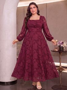 Modelyn Plus Size Women's Fashion Simple Elegant Waist-Cinching Dress - Burgundy - View 5