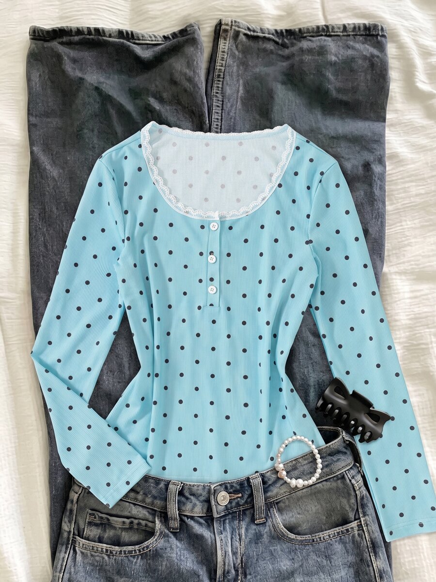Teen Girls Sweet Polka Dot Print Ribbed Tee, Vintage Scallop Lace Neckline Long Sleeve Buttoned Top Slim Fit Fall Winter Outfits - Blue - View 1