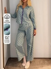 DAZY Women's 2 Pieces Pajama Set With Clover Pattern Lace Patchwork Single-Breasted Long Sleeve Top And Long Pants - Blue - View 1