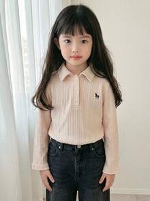 Dazy Kids (少女款) 紋理鏤空設計領口短袖T恤 - 杏色 - 查看 5