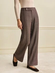 Trelyra Asymmetrical Low Waist Loose Slimming Straight Leg Design Herringbone Pattern Metal 3-Button Accent Versatile Casual Floor Length Wide Leg Pants Fashionable Elegant Regular Long Pants - Brown - View 4