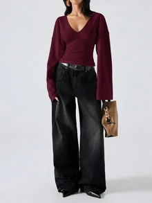 LYSMO 95% Cotton Bell Sleeve Women's Top, Burgundy Solid Color, Suitable For Spring And Autumn - Burgundy - View 7